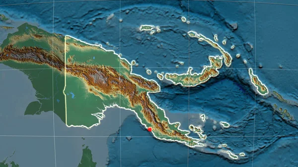 Papua Nuova Guinea Delineato Sulla Mappa Ortografica Rilievo Capitale Frontiere — Foto Stock