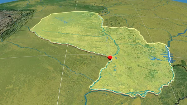 Paraguay Extruido Mapa Ortográfico Topográfico Capital Fronteras Administrativas Graticule — Foto de Stock