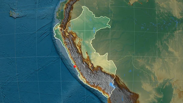 Perú Esbozó Mapa Ortográfico Relieve Capital Fronteras Administrativas Graticule —  Fotos de Stock