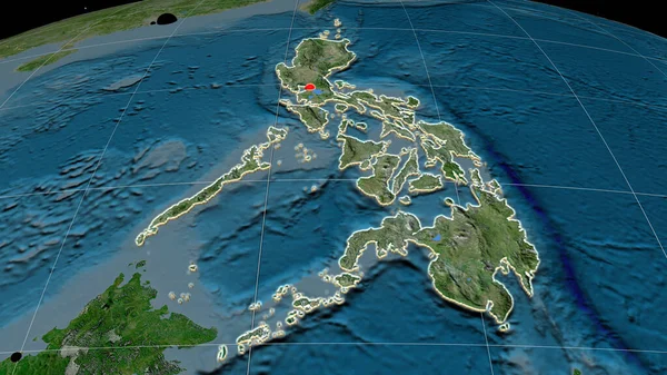 Philippines extruded on the satellite orthographic map. Capital, administrative borders and graticule