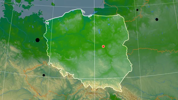 Poland outlined on the physical orthographic map. Capital, administrative borders and graticule