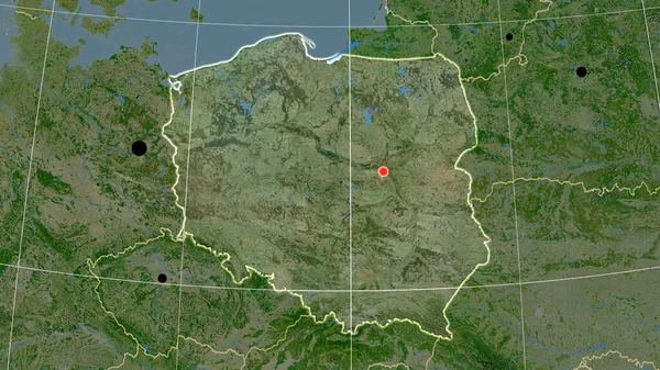 Polonia Describe Mapa Ortográfico Por Satélite Capital Fronteras Administrativas Graticule — Foto de Stock