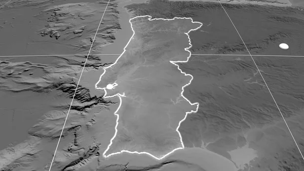Portugal Extruido Mapa Ortográfico Escala Grises Capital Fronteras Administrativas Graticule — Foto de Stock
