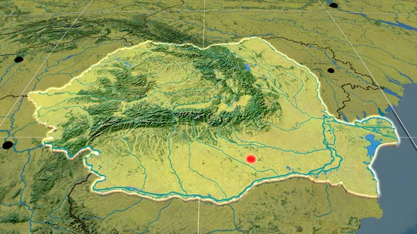 Roumanie Extrudé Sur Carte Orthographique Topographique Capital Frontières Administratives Gratifications — Photo