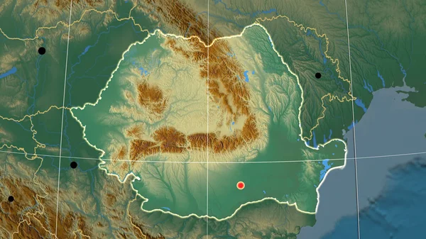 Rumania Esbozó Mapa Ortográfico Relieve Capital Fronteras Administrativas Graticule — Foto de Stock