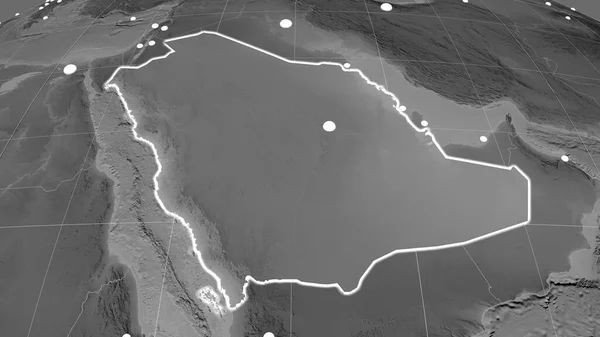 Arabie Saoudite Extrudé Sur Carte Orthographique Niveaux Gris Capital Frontières — Photo