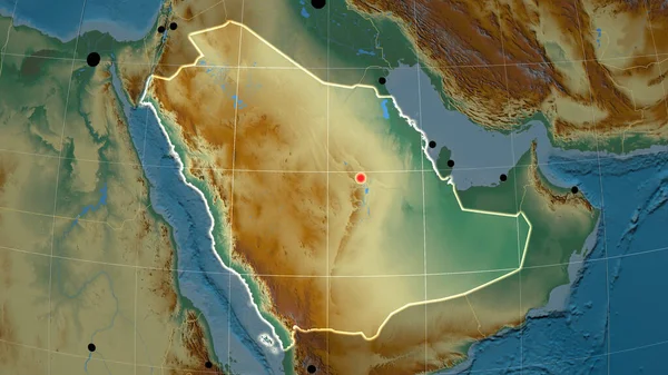 Arabia Saudita Esbozó Mapa Ortográfico Relieve Capital Fronteras Administrativas Graticule —  Fotos de Stock
