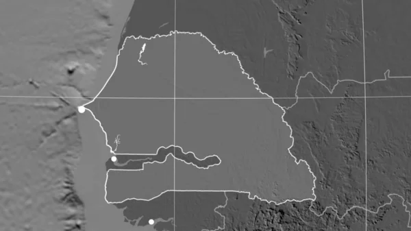 Senegal Nakreślony Dwupoziomowej Mapie Ortograficznej Kapitał Granice Administracyjne Zaspokojenie Potrzeb — Zdjęcie stockowe