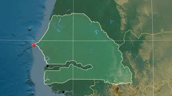Senegal Delineato Sulla Mappa Ortografica Rilievo Capitale Frontiere Amministrative Graticole — Foto Stock