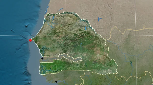 Senegal Delineato Sulla Mappa Ortografica Satellitare Capitale Frontiere Amministrative Graticole — Foto Stock