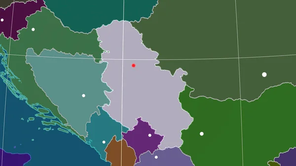 Serbia outlined on the administrative orthographic map. Capital, administrative borders and graticule