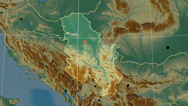 Serbia Esbozó Mapa Ortográfico Relieve Capital Fronteras Administrativas Graticule — Foto de Stock