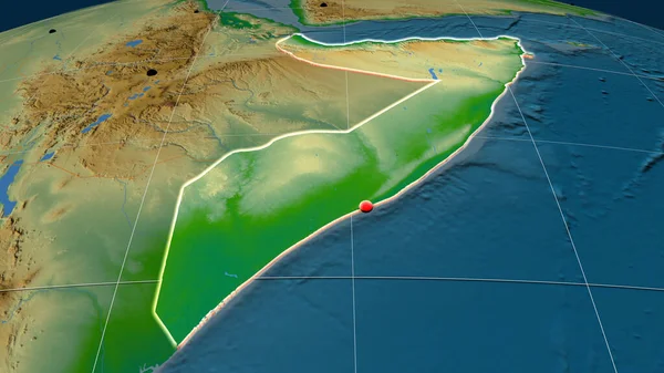 Somalia Extruido Mapa Ortográfico Físico Capital Fronteras Administrativas Graticule —  Fotos de Stock