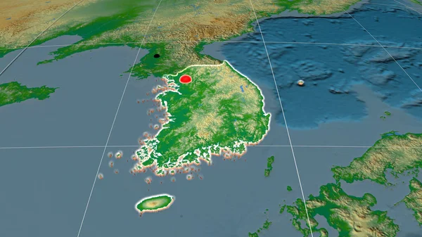 Zuid Korea Geëxtrudeerd Fysieke Orthografische Kaart Kapitaal Administratieve Grenzen Graticule — Stockfoto