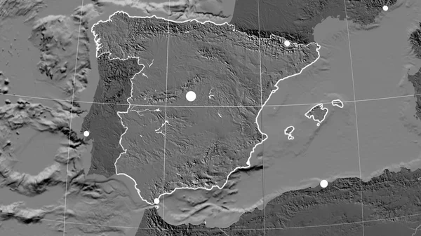 España Esbozó Mapa Ortográfico Bilevel Capital Fronteras Administrativas Graticule — Foto de Stock