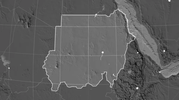 Sudán Esbozó Mapa Ortográfico Bilevel Capital Fronteras Administrativas Graticule — Foto de Stock