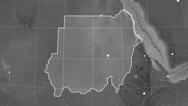 Sudán Esbozó Mapa Ortográfico Escala Grises Capital Fronteras Administrativas Graticule — Foto de Stock