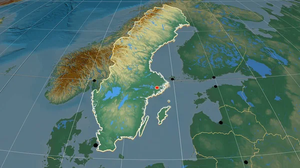 Suecia Extruido Mapa Ortográfico Relieve Capital Fronteras Administrativas Graticule — Foto de Stock