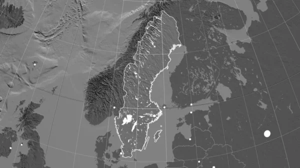 Suecia Esbozó Mapa Ortográfico Bilevel Capital Fronteras Administrativas Graticule —  Fotos de Stock