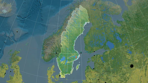 Švédsko Uvedeno Topografické Ortografické Mapě Hlavní Město Administrativní Hranice Graticule — Stock fotografie