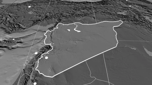 Syria extruded on the bilevel orthographic map. Capital, administrative borders and graticule