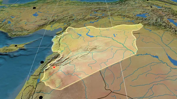 Siria Estrusa Sulla Mappa Ortografica Topografica Capitale Frontiere Amministrative Graticole — Foto Stock