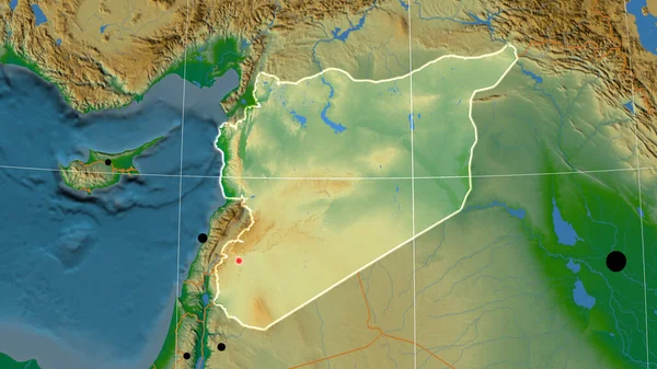 Siria Esbozó Mapa Ortográfico Físico Capital Fronteras Administrativas Graticule —  Fotos de Stock