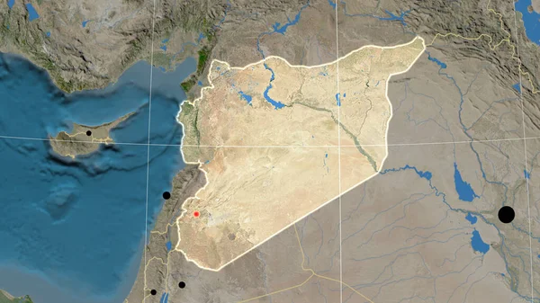 Syrië Beschreven Satelliet Orthografische Kaart Kapitaal Administratieve Grenzen Graticule — Stockfoto