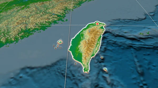 Taiwán Extruido Mapa Ortográfico Físico Capital Fronteras Administrativas Graticule — Foto de Stock
