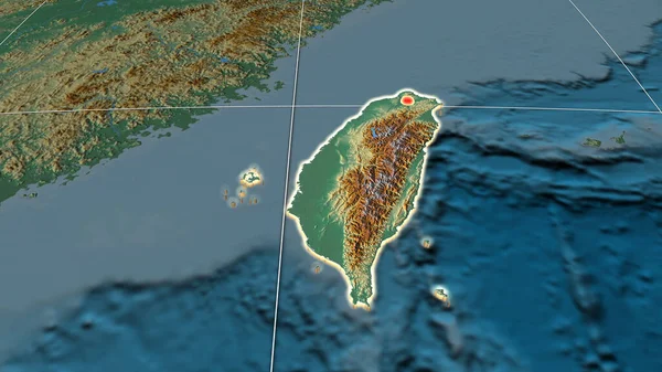 Taiwán Extruido Mapa Ortográfico Relieve Capital Fronteras Administrativas Graticule — Foto de Stock