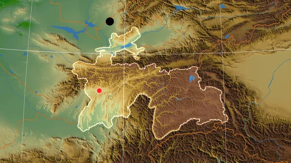 Tayikistán Esbozado Mapa Ortográfico Físico Capital Fronteras Administrativas Graticule —  Fotos de Stock