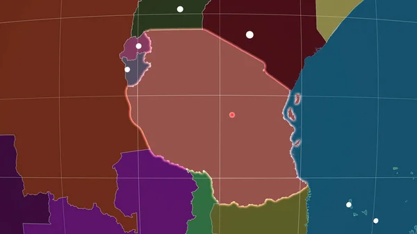 Tanzania Delineato Sulla Mappa Ortografica Amministrativa Capitale Frontiere Amministrative Graticole — Foto Stock