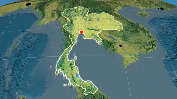 Thailandia Estruso Sulla Mappa Ortografica Topografica Capitale Frontiere Amministrative Graticole — Foto Stock