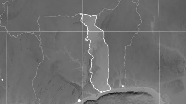 Togo Geschetst Grauwe Orthografische Kaart Kapitaal Administratieve Grenzen Graticule — Stockfoto