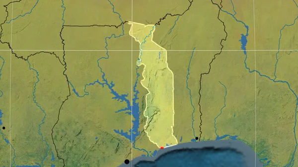 Togo Nastíněné Topografické Ortografické Mapě Hlavní Město Administrativní Hranice Graticule — Stock fotografie