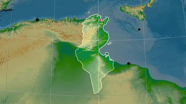 Túnez Esbozado Mapa Ortográfico Físico Capital Fronteras Administrativas Graticule — Foto de Stock