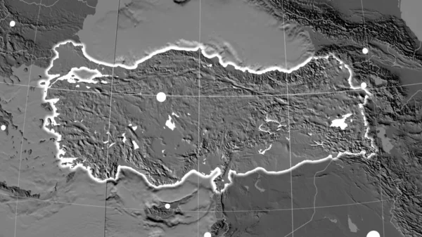 Turquía Esbozó Mapa Ortográfico Bilevel Capital Fronteras Administrativas Graticule —  Fotos de Stock