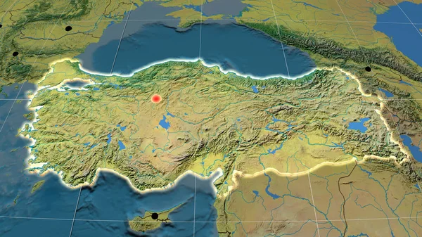Turkey extruded on the topographic orthographic map. Capital, administrative borders and graticule