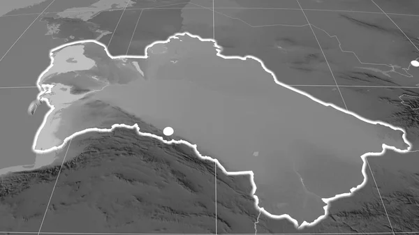 Turkmenistán Extruido Mapa Ortográfico Escala Grises Capital Fronteras Administrativas Graticule — Foto de Stock