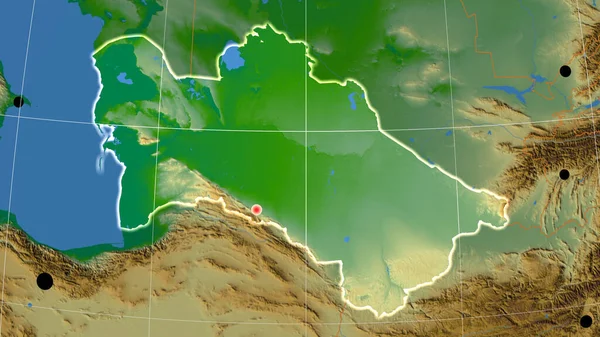 Turkmenistán Esbozado Mapa Ortográfico Físico Capital Fronteras Administrativas Graticule —  Fotos de Stock