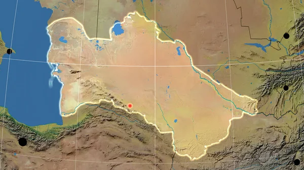 Turkmenistán Esbozado Mapa Ortográfico Topográfico Capital Fronteras Administrativas Graticule — Foto de Stock