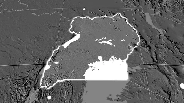 Uganda Extruido Mapa Ortográfico Bilevel Capital Fronteras Administrativas Graticule — Foto de Stock