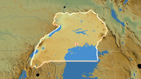 Uganda Estruso Sulla Mappa Ortografica Fisica Capitale Frontiere Amministrative Graticole — Foto Stock