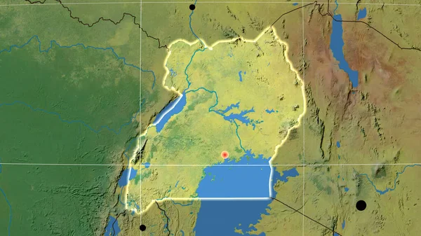 乌干达在地形正态图上做了概述 行政边界和满足E — 图库照片