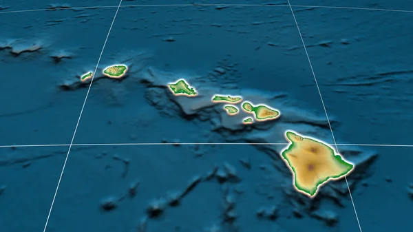 Hawaii Extruido Mapa Ortográfico Físico Capital Fronteras Administrativas Graticule —  Fotos de Stock