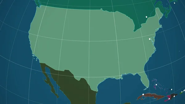 Estados Unidos Continente Delineado Mapa Ortográfico Administrativo Capital Fronteiras Administrativas — Fotografia de Stock
