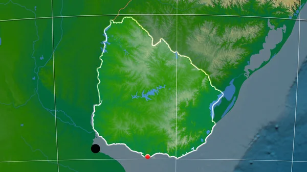 Uruguay Delineato Sulla Mappa Ortografica Fisica Capitale Frontiere Amministrative Graticole — Foto Stock