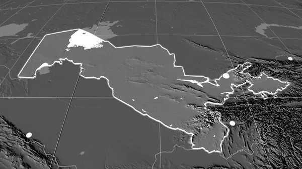 Uzbekistan extruded on the bilevel orthographic map. Capital, administrative borders and graticule