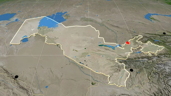 Uzbekistan extruded on the satellite orthographic map. Capital, administrative borders and graticule
