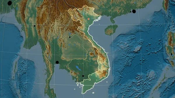 Vietnam Esbozó Mapa Ortográfico Relieve Capital Fronteras Administrativas Graticule — Foto de Stock